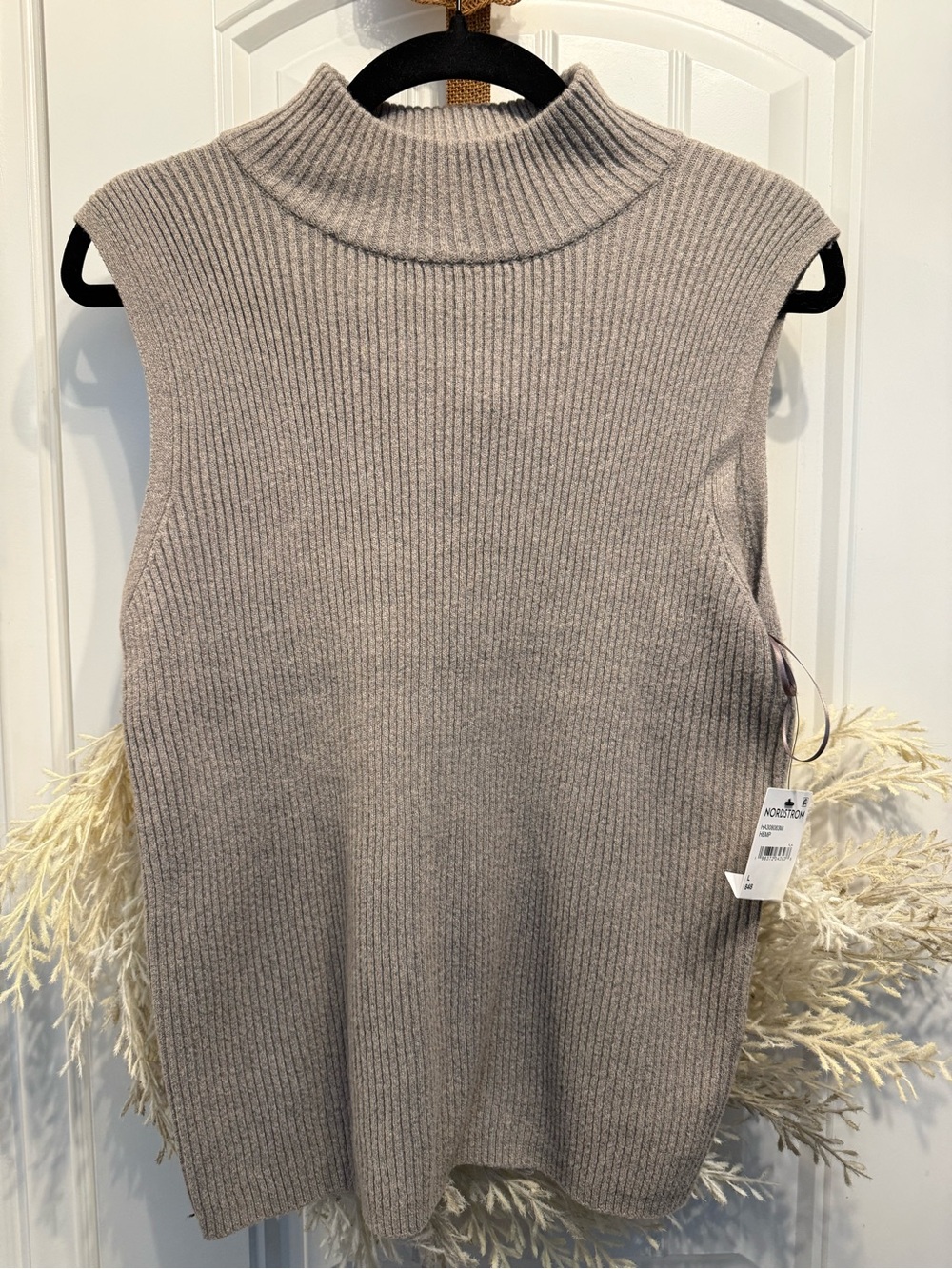 Halogen Taupe Ribbed Sleeveless Turtleneck Sweater